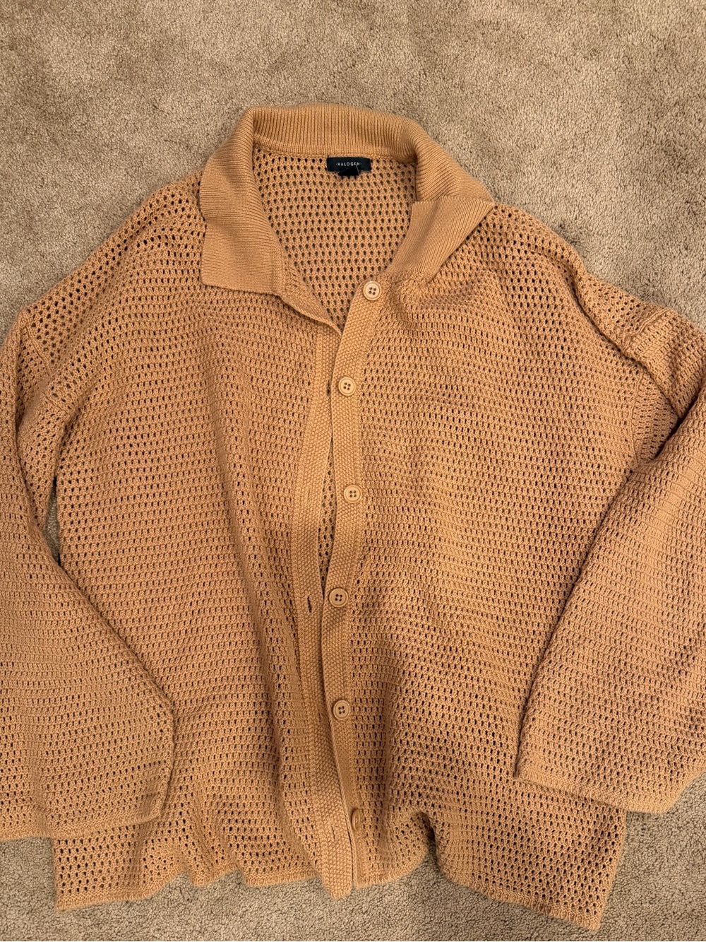 Halogen Open-Knit Button-Front Cardigan in Camel